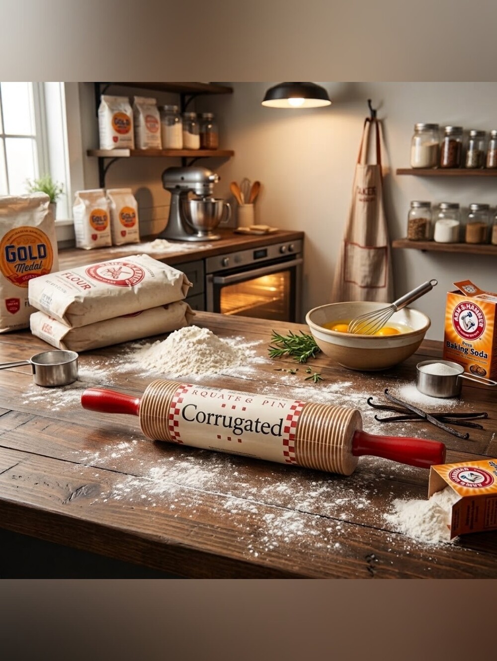 Corrugated Maple Wood Pastry Rolling Pin with Red Handles